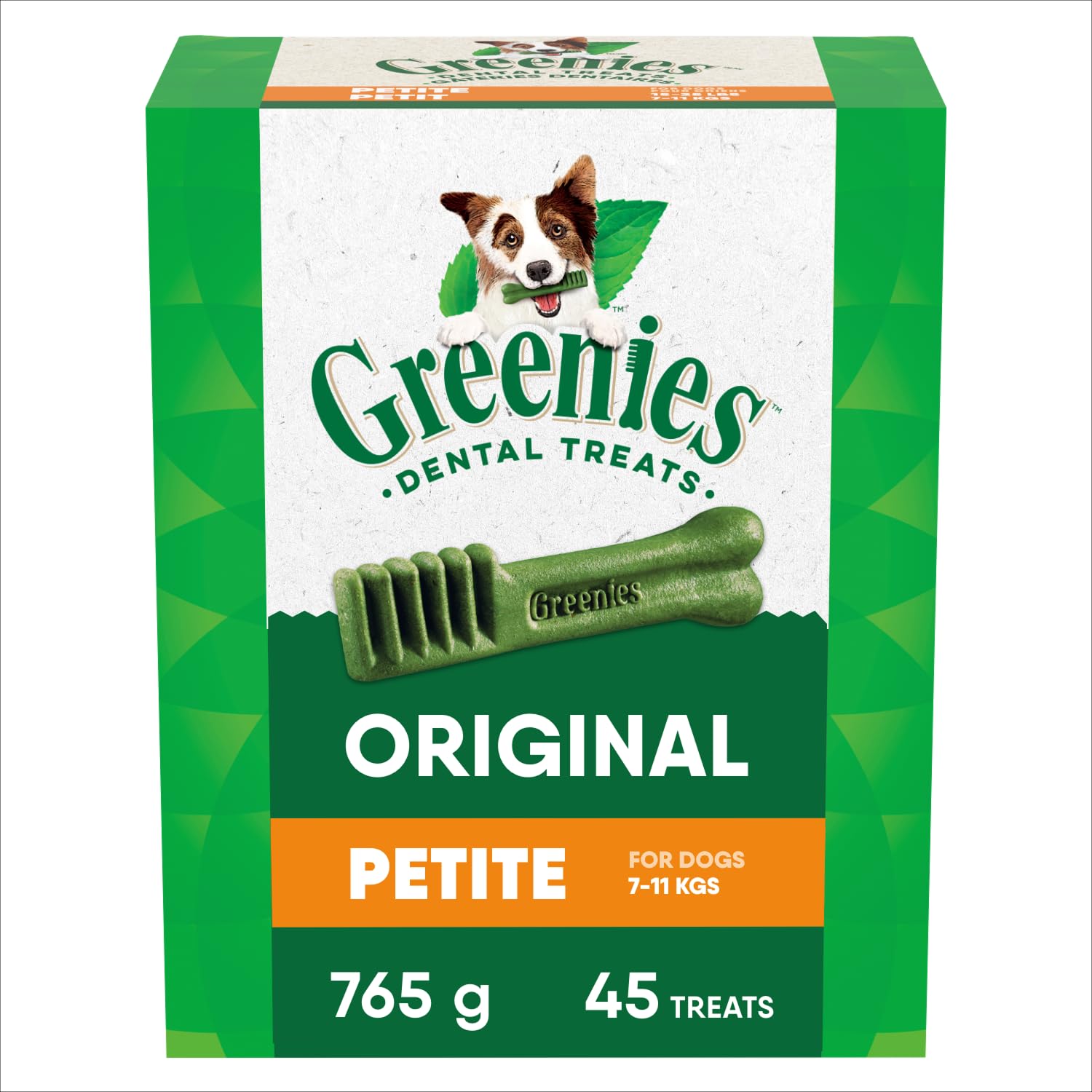 Greenies Petite original flavor bottle pack supports daily dental care for small dogs.
