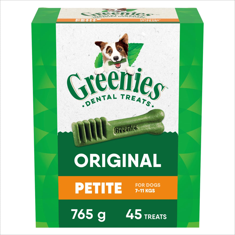 Greenies Petite original flavor bottle pack supports daily dental care for small dogs.