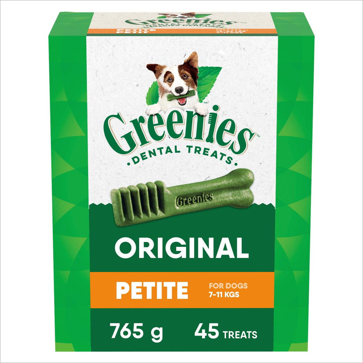 Greenies Petite original flavor bottle pack supports daily dental care for small dogs.