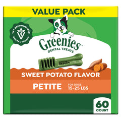 Greenies Petite packaging shown for dogs' dental care and fresh breath.
