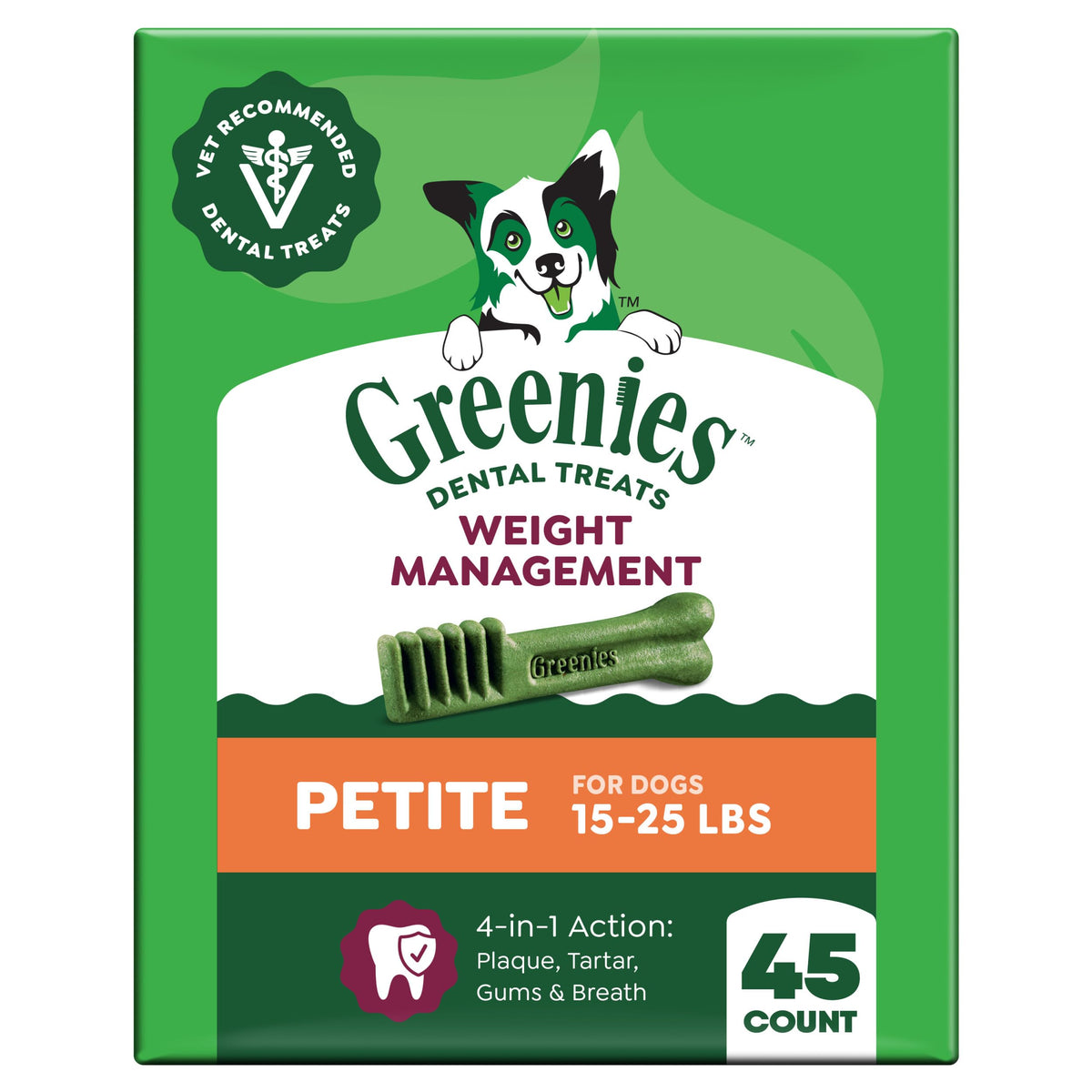 Greenies Petite dental treats bottle shows the 27 oz pack for small dogs
