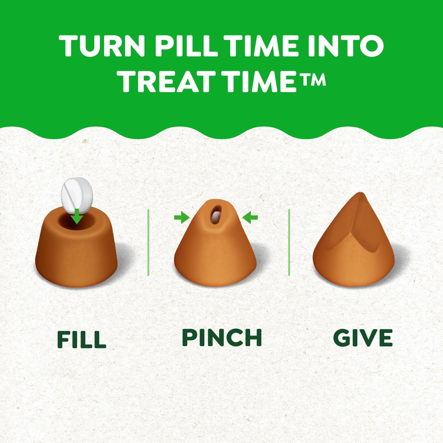 Close-up of Greenies Pill Pockets chicken flavor showing tasty odor masking.