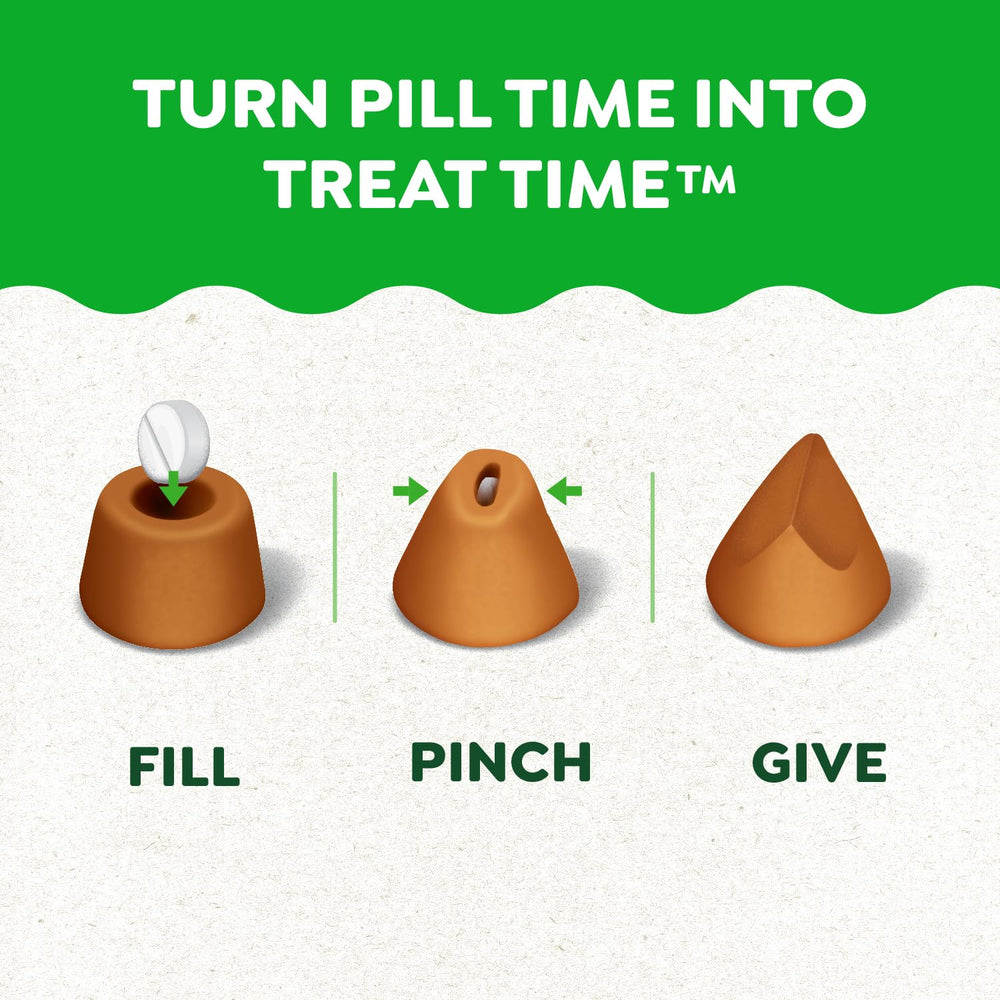 Close-up of Greenies Pill Pockets chicken flavor showing tasty odor masking.