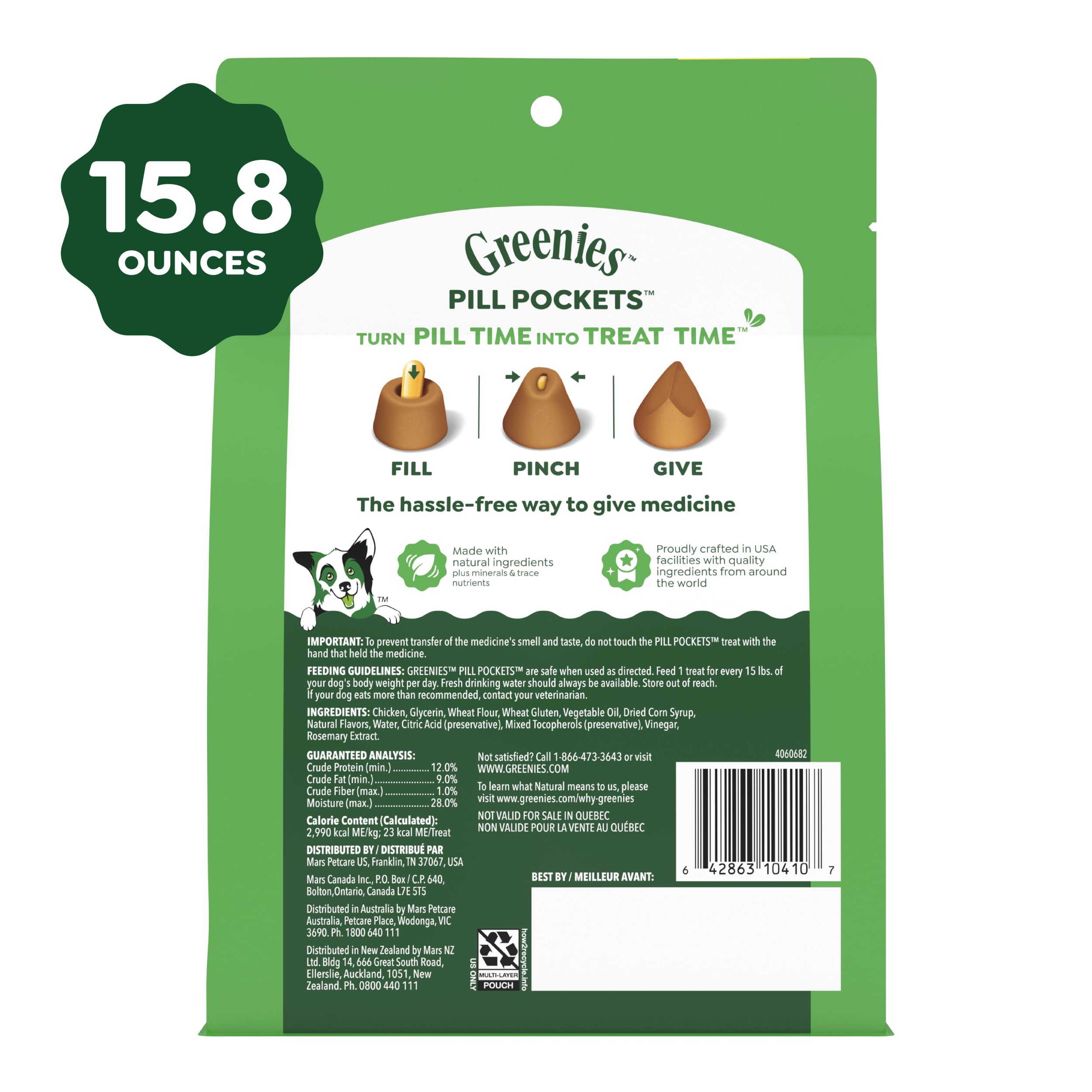 Greenies Pill Pockets fifteen-point-eight-ounce bag shown for storage.