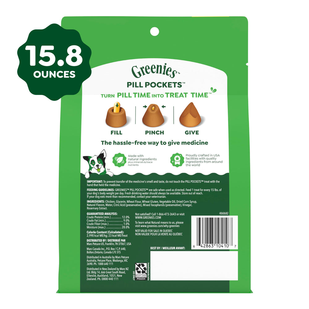 Greenies Pill Pockets fifteen-point-eight-ounce bag shown for storage.