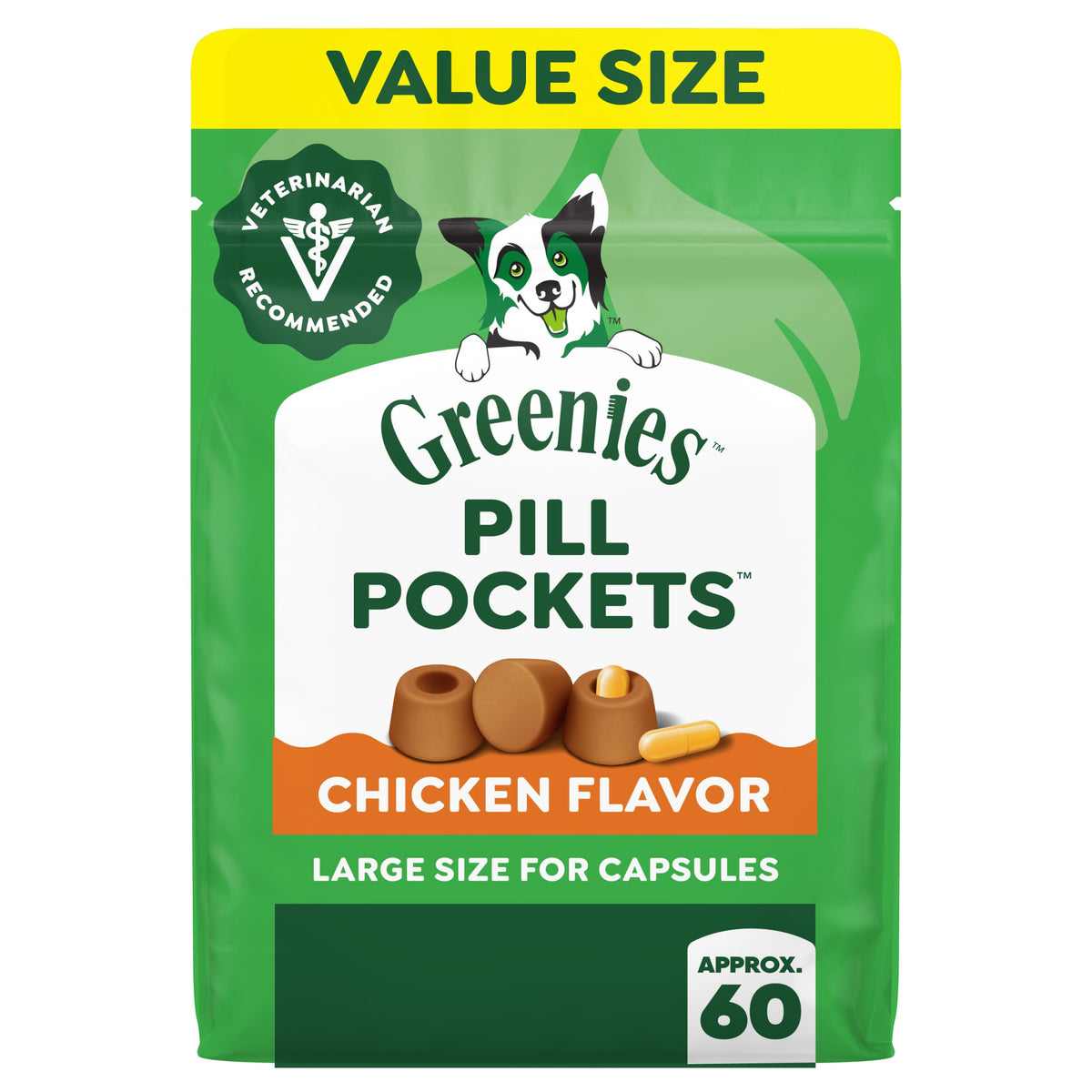 Greenies Pill Pockets packaging shows a convenient, mess-free pill-timing solution for dogs.