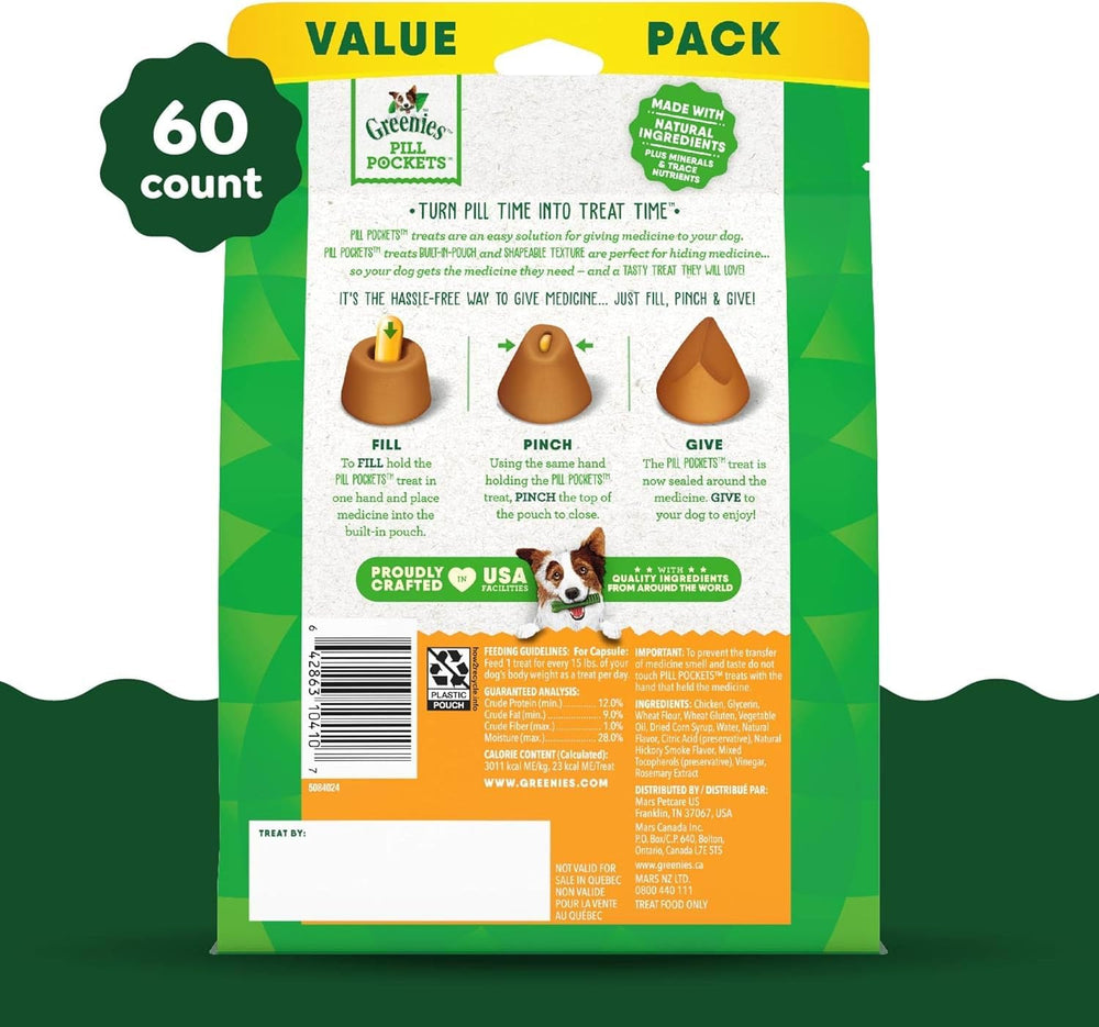 Greenies Pill Pockets back-view packaging showing contents and flavor