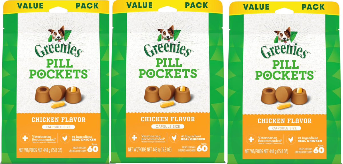 Greenies Pill Pockets front-view packaging for 3-pack display