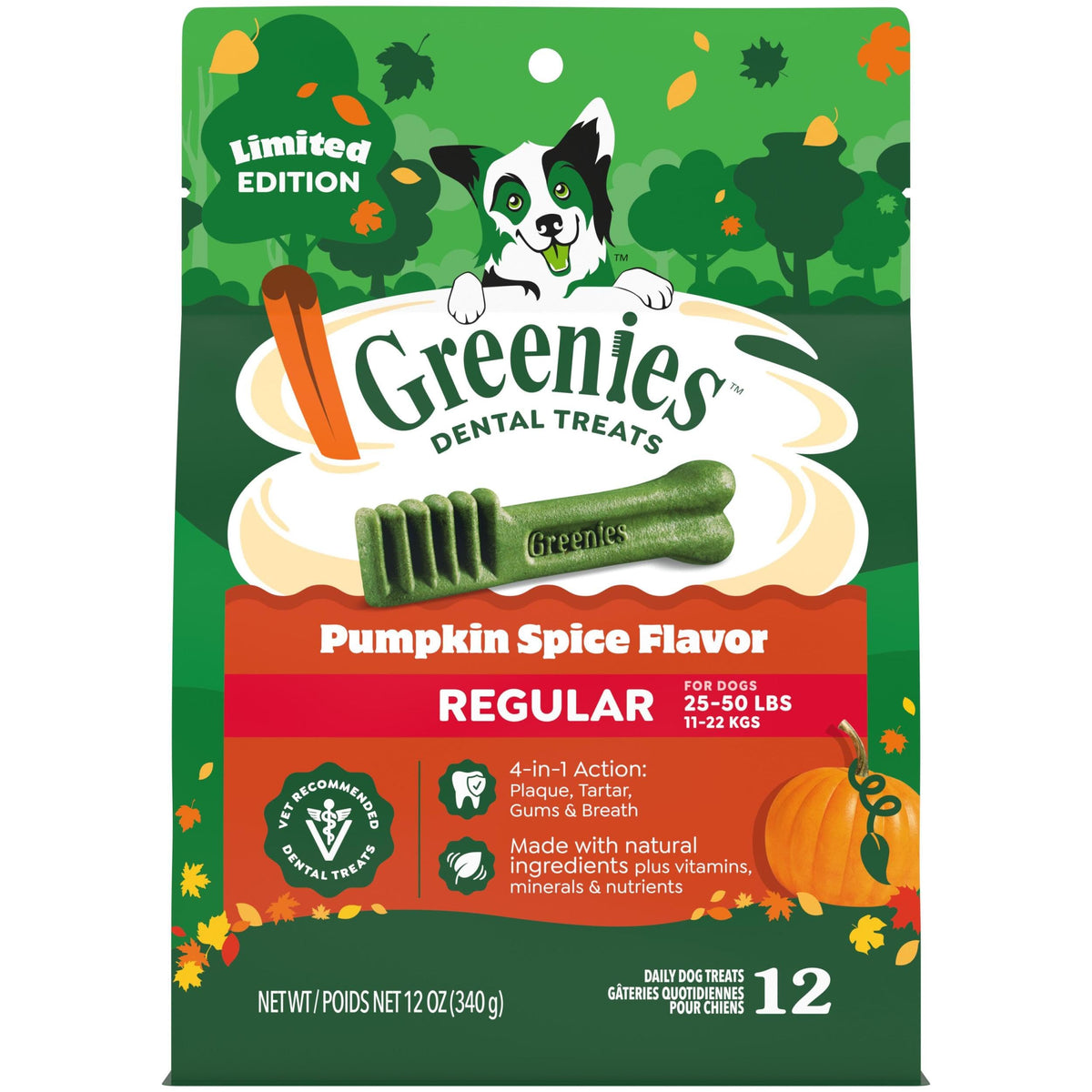 Greenies pumpkin spice pack 12oz: seasonal flavor for tasty dental care.