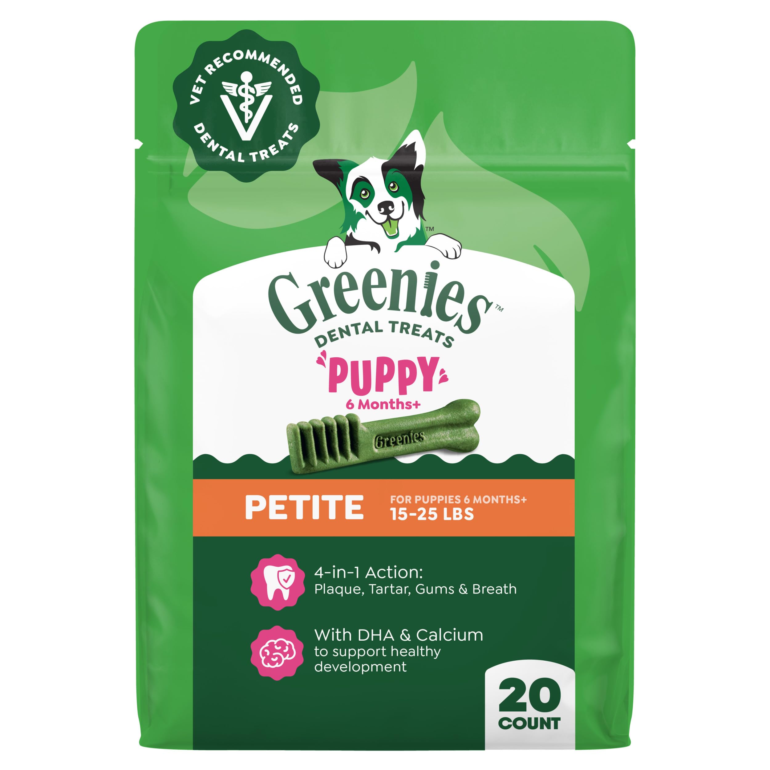 Greenies Puppy Dental Treats Petite front pack promotes daily dental care