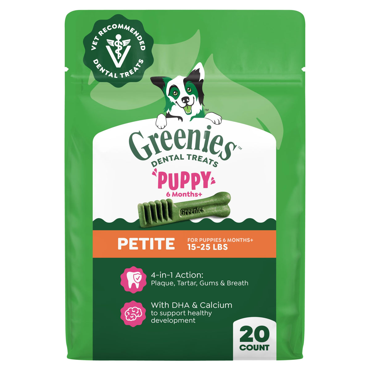 Greenies Puppy Dental Treats Petite front pack promotes daily dental care