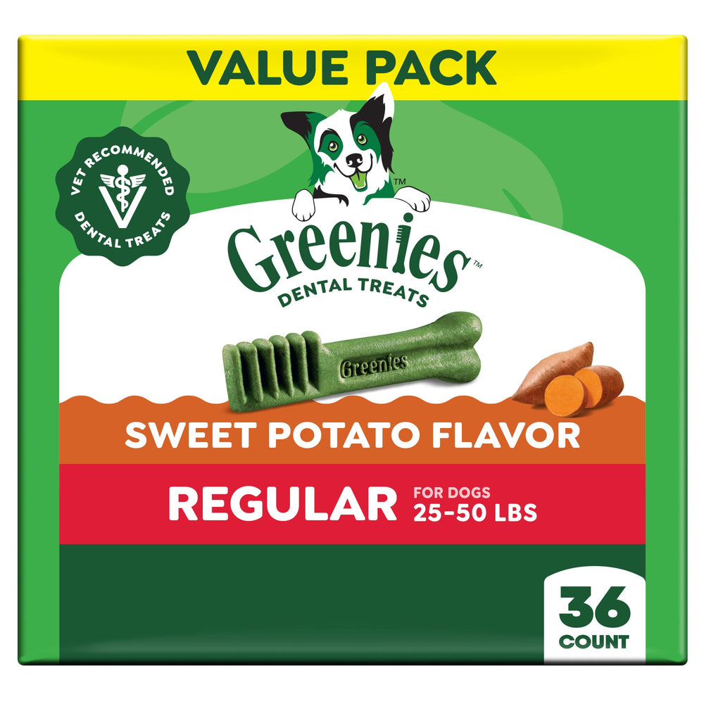 Greenies regular dental chews sweet-potato pack front promotes daily dog dental care