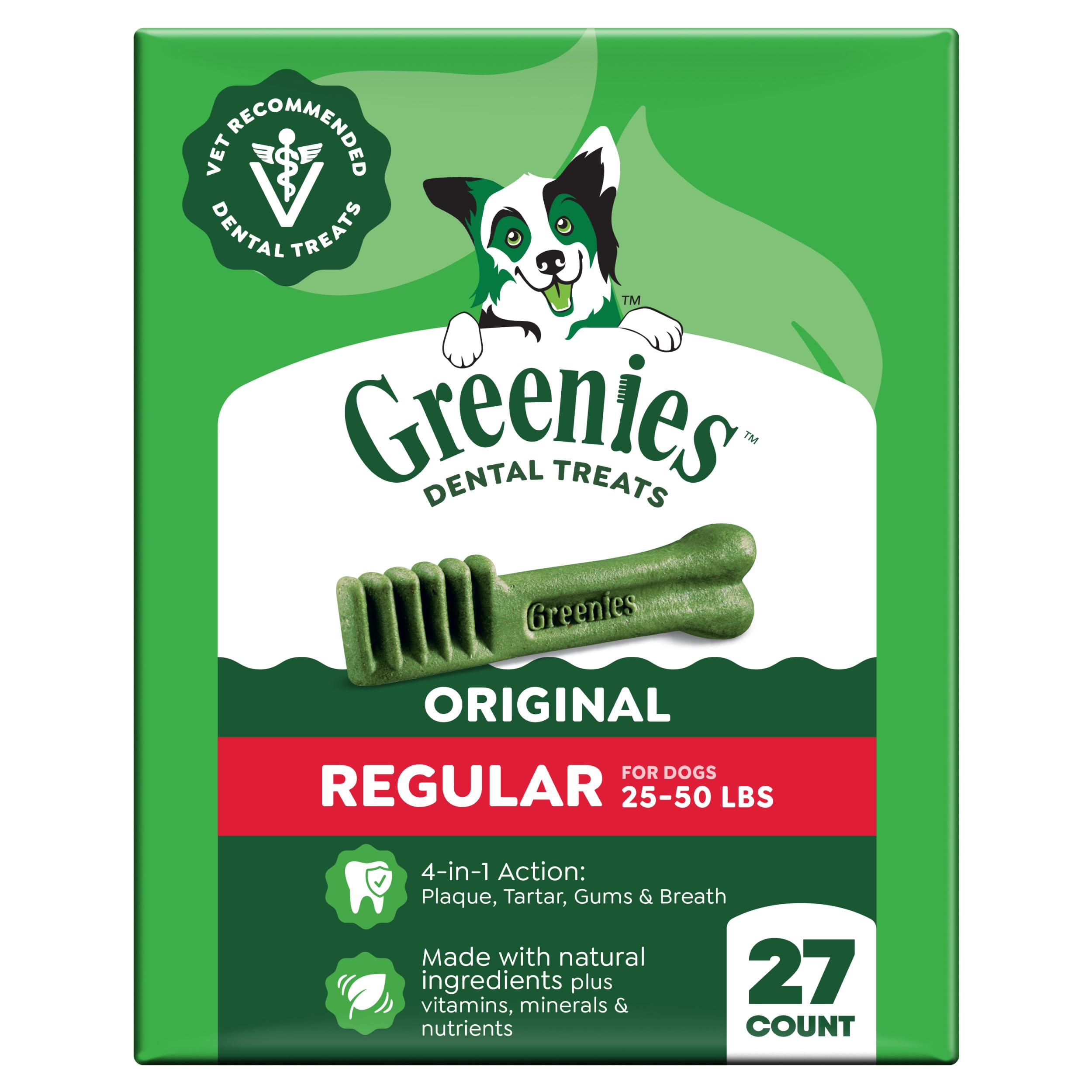 Greenies regular-size dental chews in original flavor support tartar control.