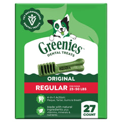 Greenies regular-size dental chews in original flavor support tartar control.
