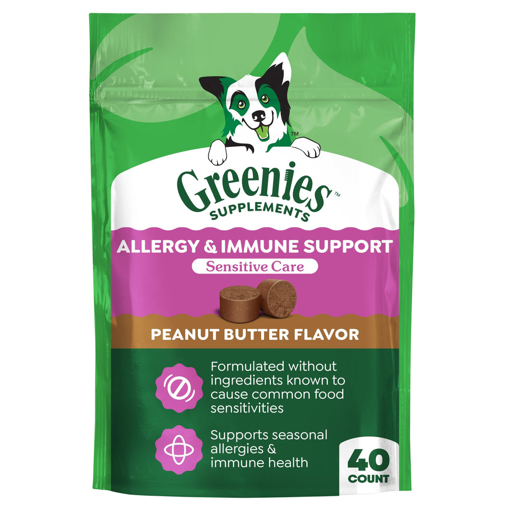 Greenies Sensitive Care allergy chew pack highlighting daily immune and allergy support