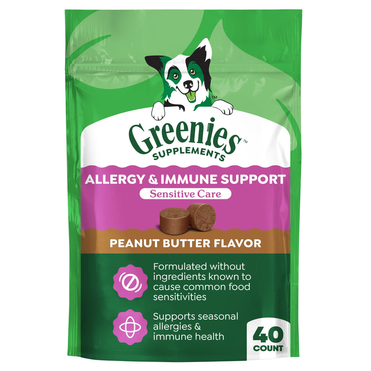 Greenies Sensitive Care allergy chew pack highlighting daily immune and allergy support