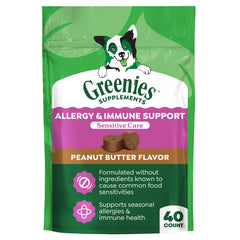 Greenies Sensitive Care allergy chew pack highlighting daily immune and allergy support