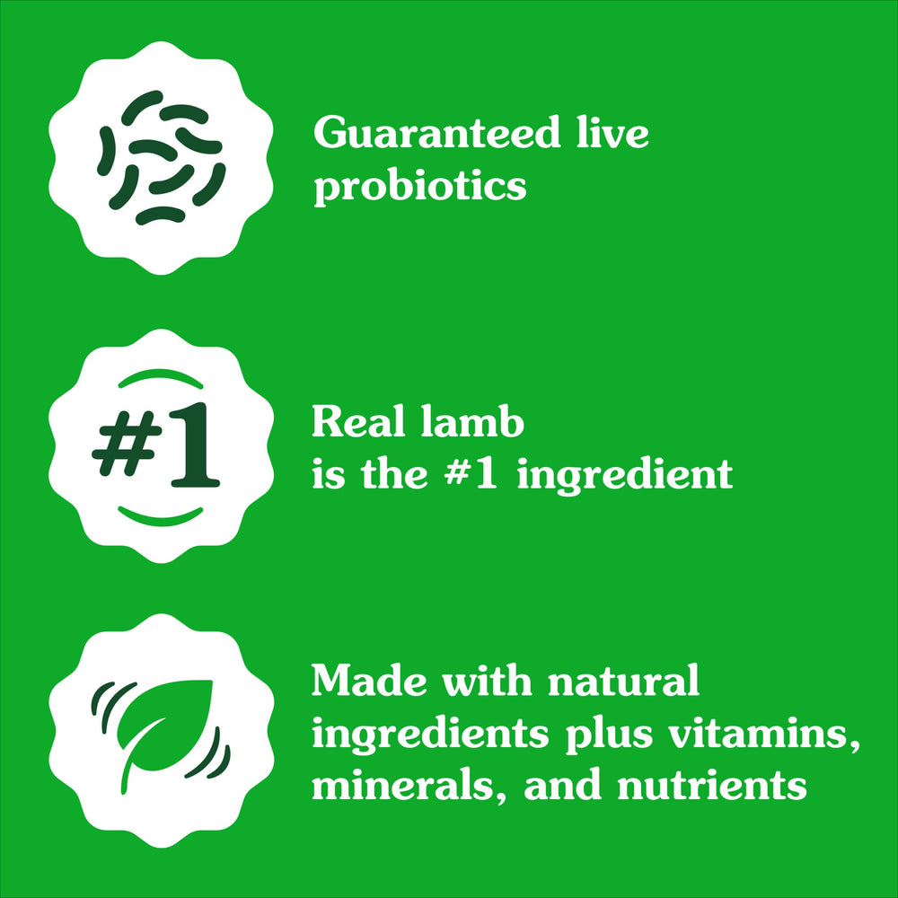 Kibble close-up on Greenies shows omega 6:3 balance for skin and coat health.