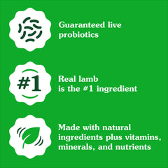 Kibble close-up on Greenies shows omega 6:3 balance for skin and coat health.