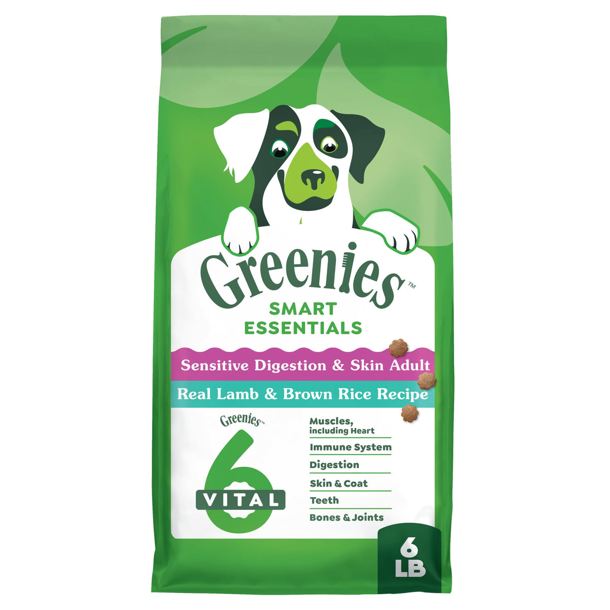 Greenies Smart Essentials bag highlights sensitive digestion and skin benefits for dogs.