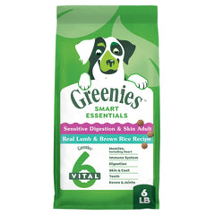 Greenies Smart Essentials bag highlights sensitive digestion and skin benefits for dogs.