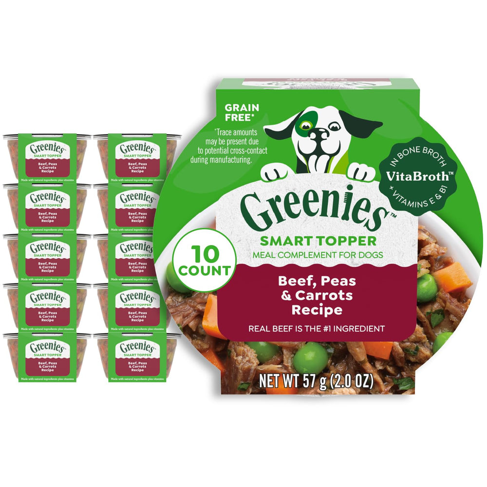 Greenies Smart Topper with beef, peas, and carrots boosts flavor in your dog's bowl.
