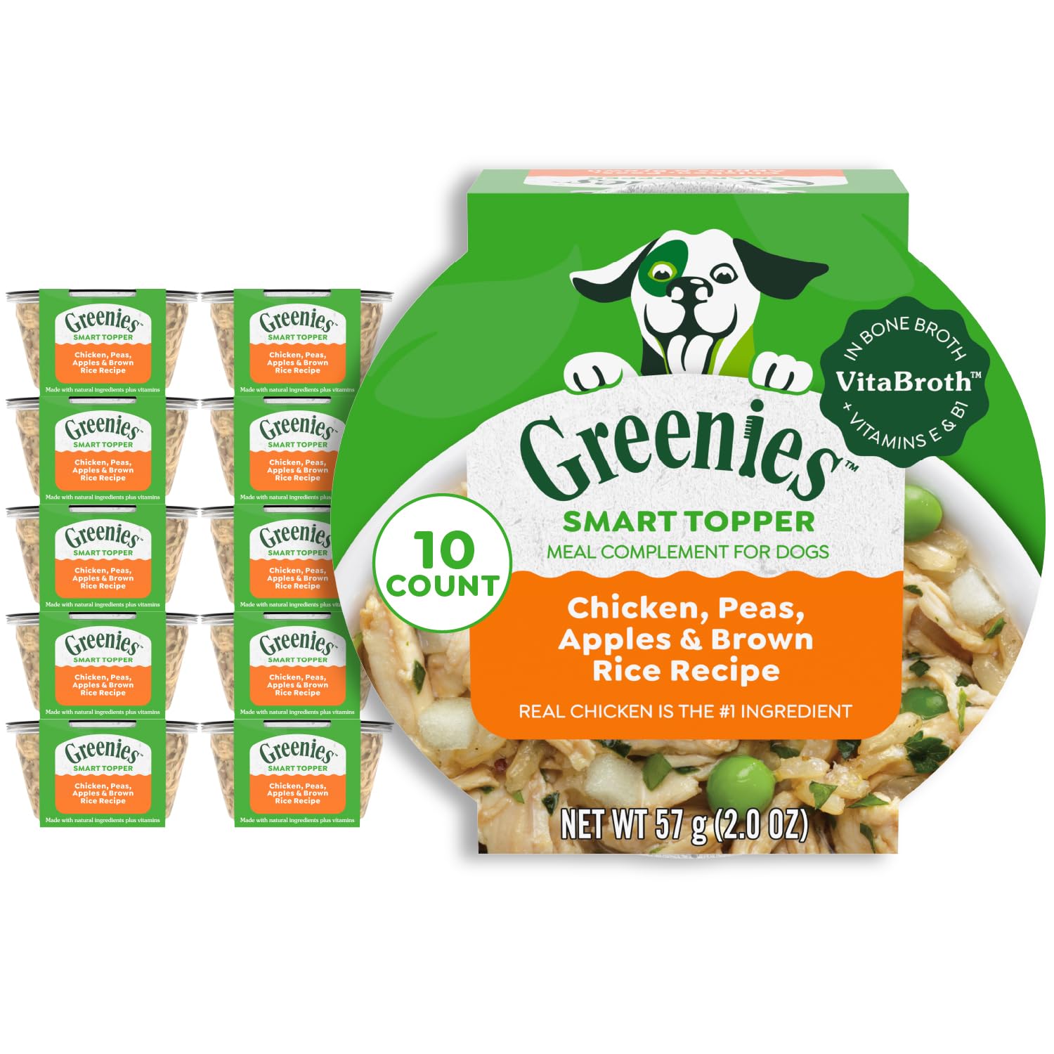 Greenies Smart Topper with chicken chunks boosts meals.