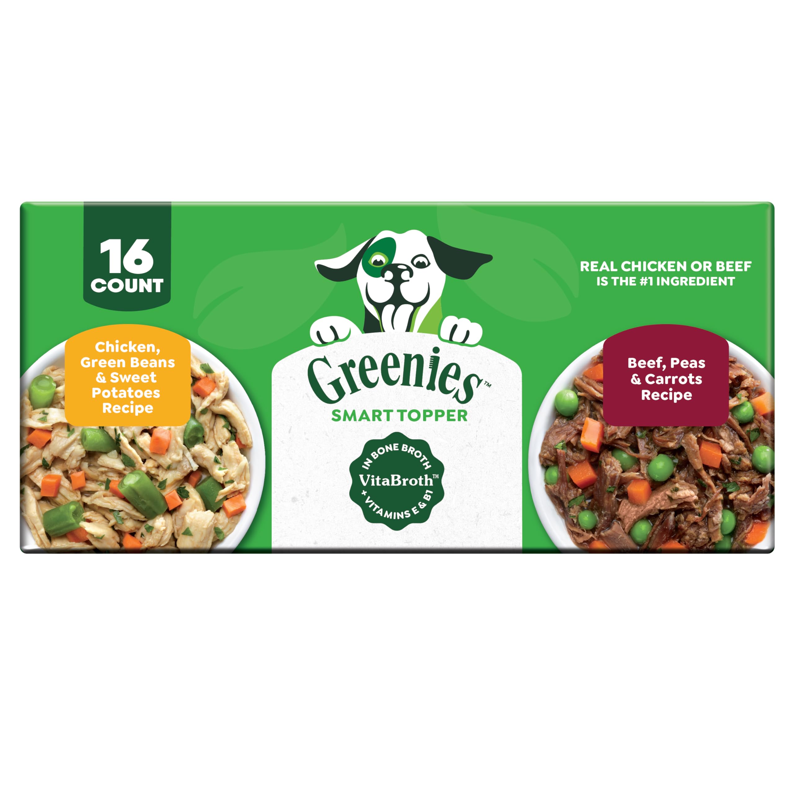 Greenies Smart Topper chicken greens beans sweet potatoes bowl highlights a high-protein topping