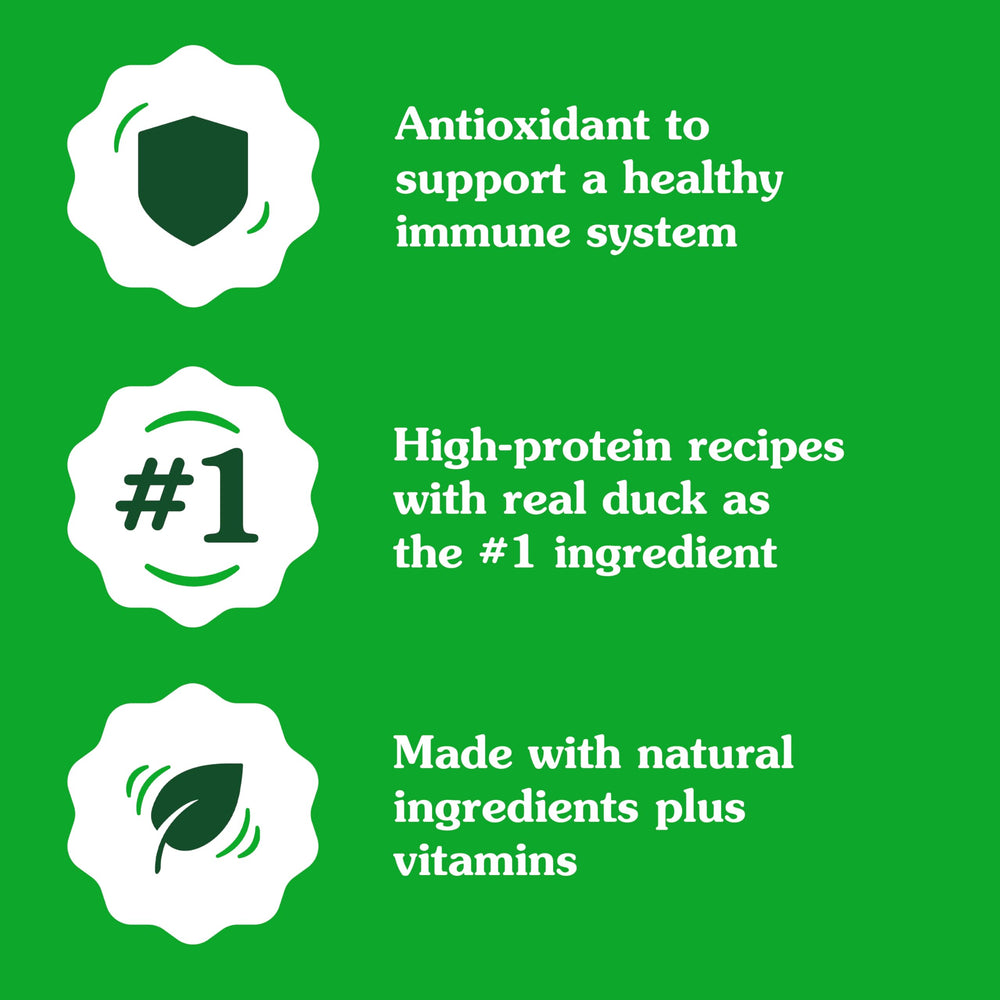 Duck and vegetables close-up highlights natural, recognizable ingredients for dogs.