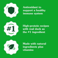 Duck and vegetables close-up highlights natural, recognizable ingredients for dogs.
