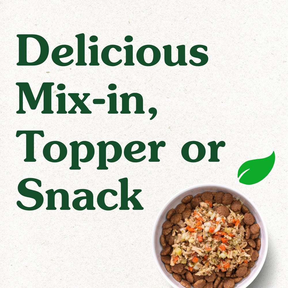 Serving suggestion shows topper mixed into wet dog food for variety.