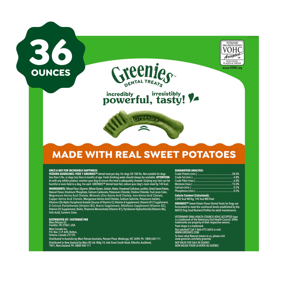 Greenies sweet-potato flavor chew aiding fresh breath.