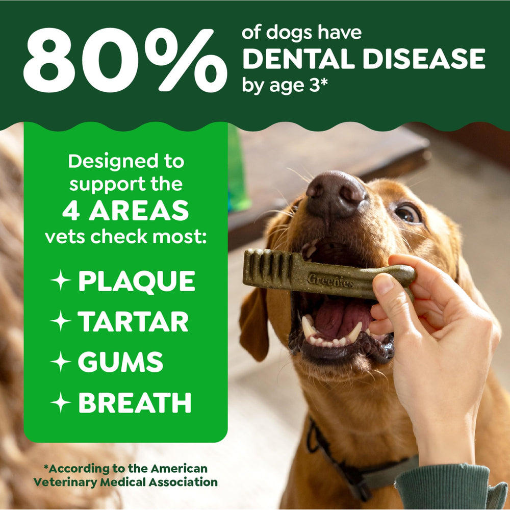 Greenies tartar-control chews help minimize tartar buildup for a cleaner smile.