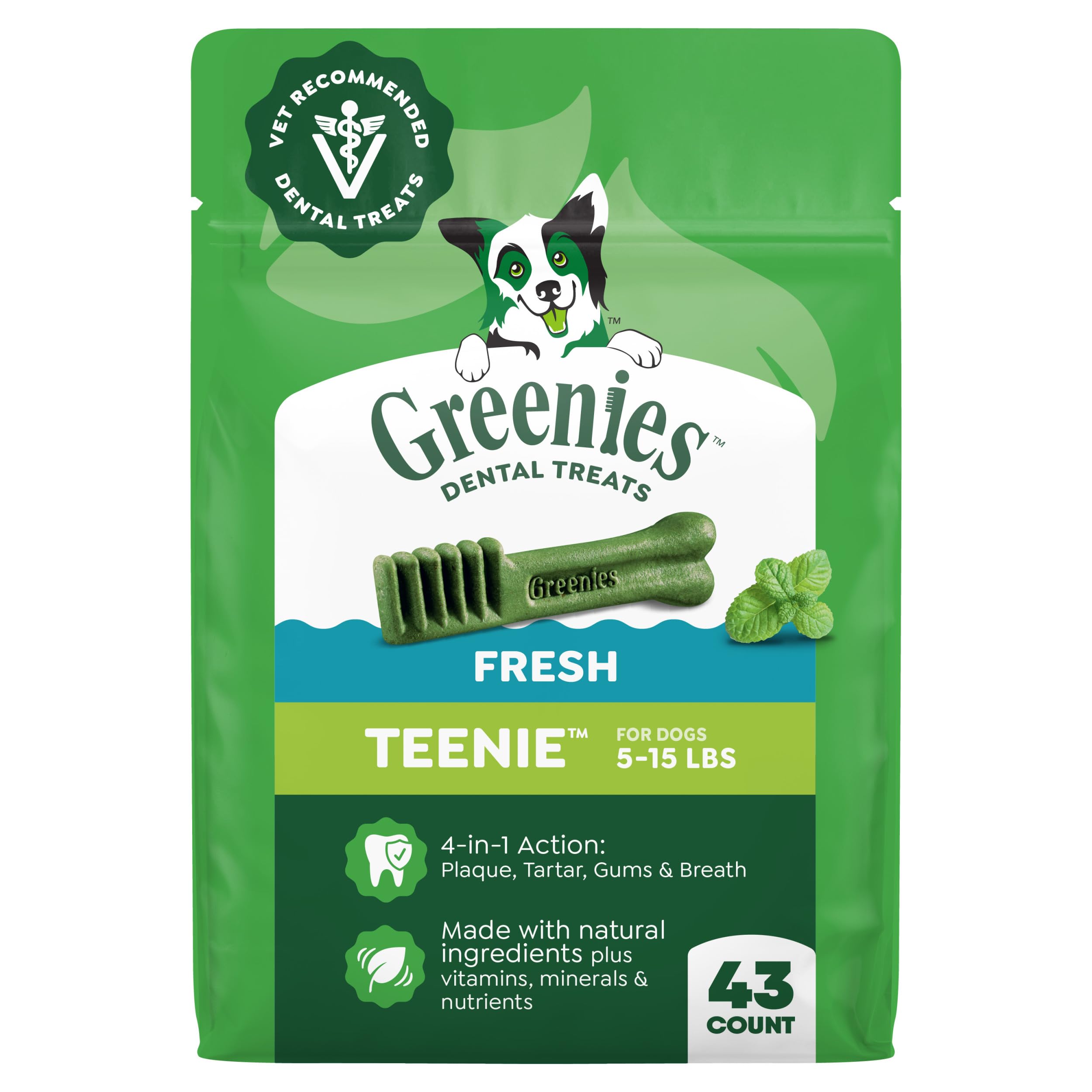 Greenies Teenie mint-flavored dental treats pack-12oz for fresh breath in small dogs.