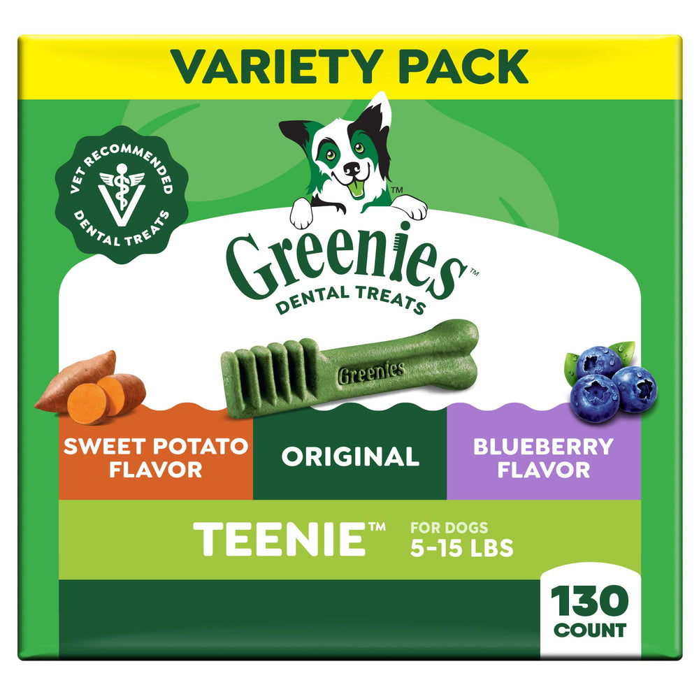 Greenies teenie dental treats shown in a three-pack packaging for small dogs