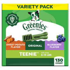 Greenies teenie dental treats shown in a three-pack packaging for small dogs
