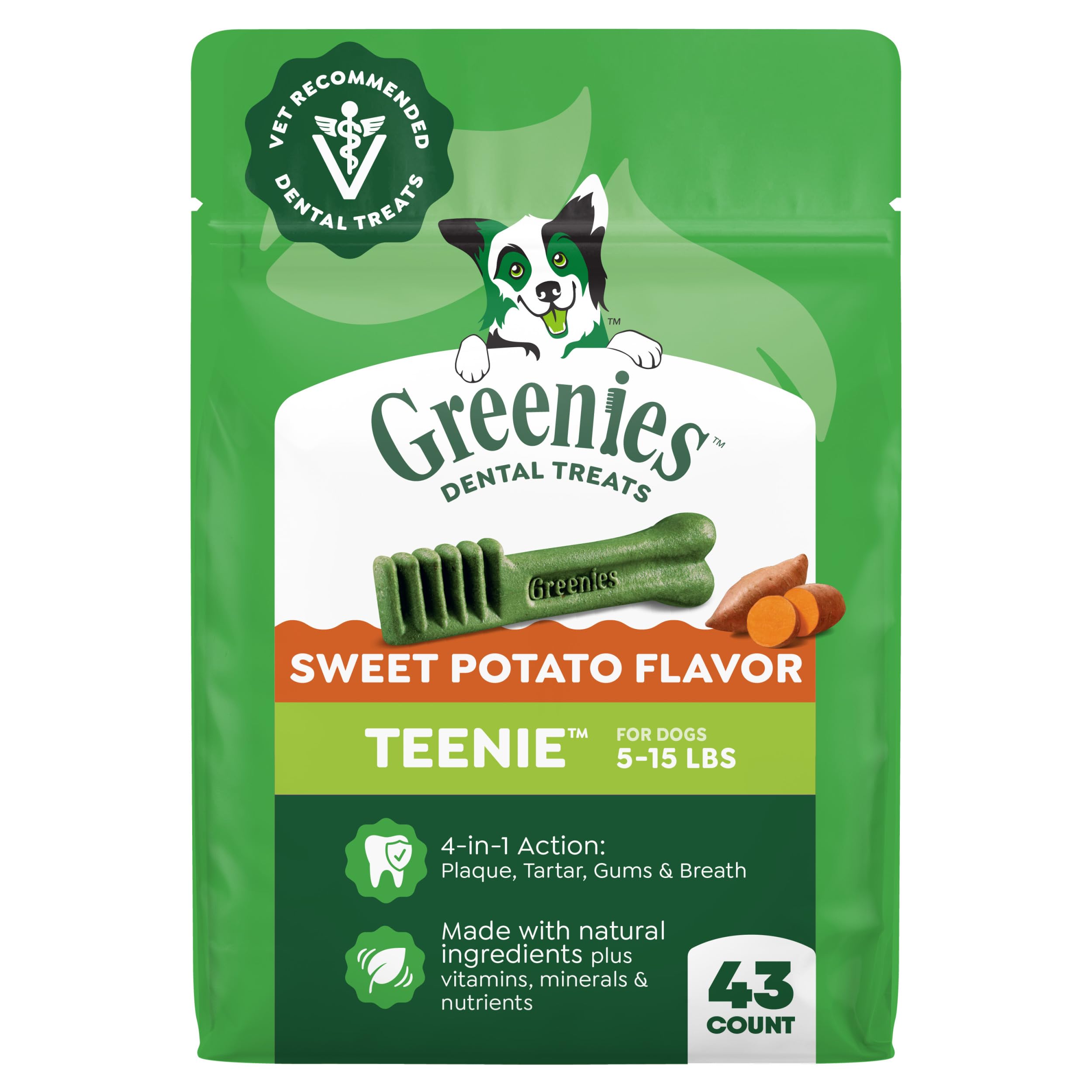 Greenies teenie dental treats in a 12 oz bag, 43 chews, promotes fresh breath for small dogs.