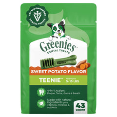 Greenies teenie dental treats in a 12 oz bag, 43 chews, promotes fresh breath for small dogs.