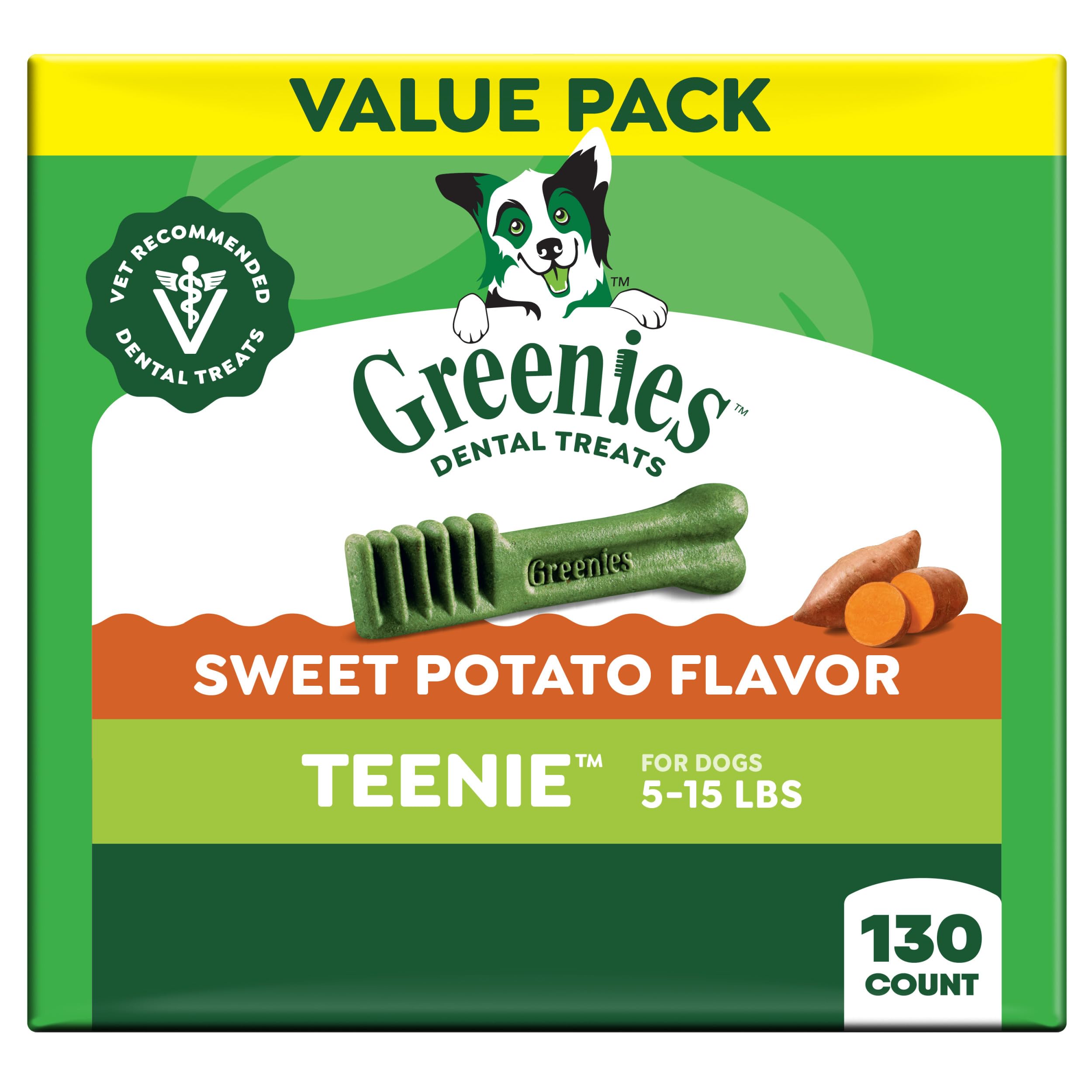 Greenies Teenie dental treats in sweet potato flavor for small dogs, supporting fresh breath