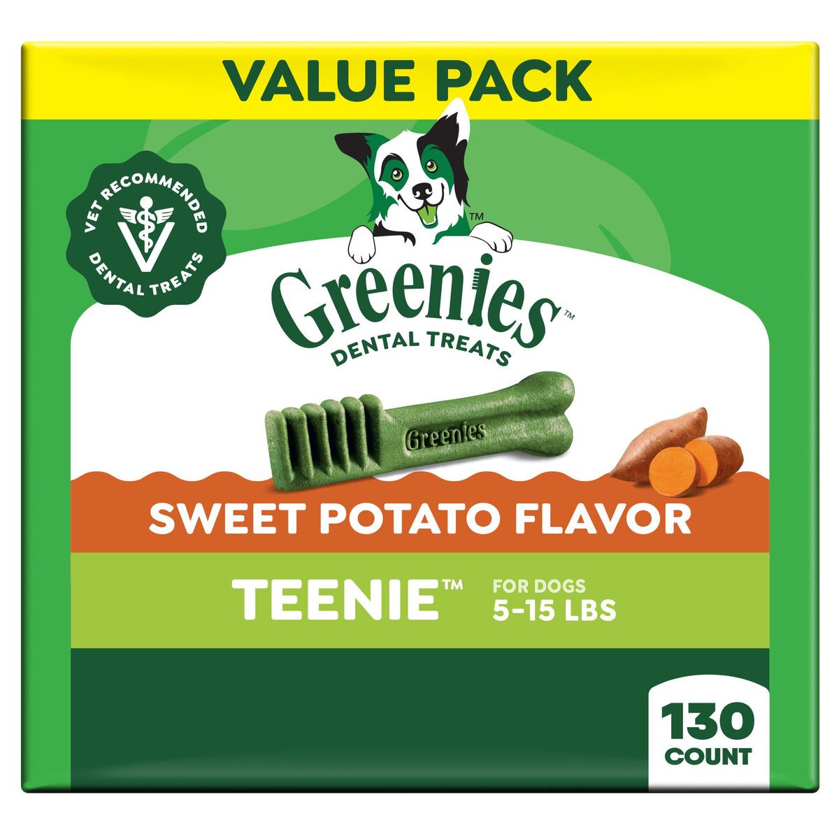 Greenies Teenie dental treats in sweet potato flavor for small dogs, supporting fresh breath