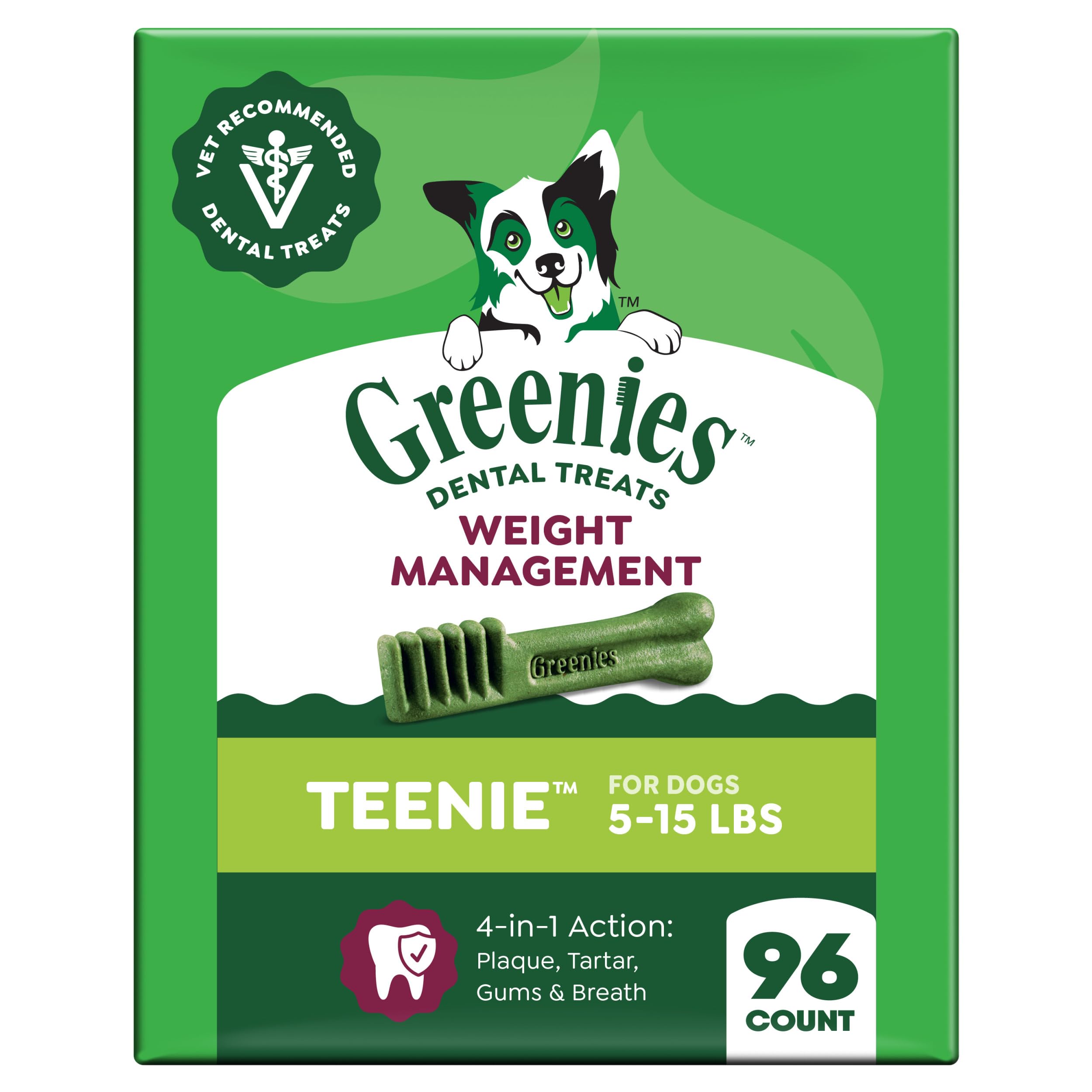 Greenies teenie size dental treats in bag close-up for small dogs' dental care