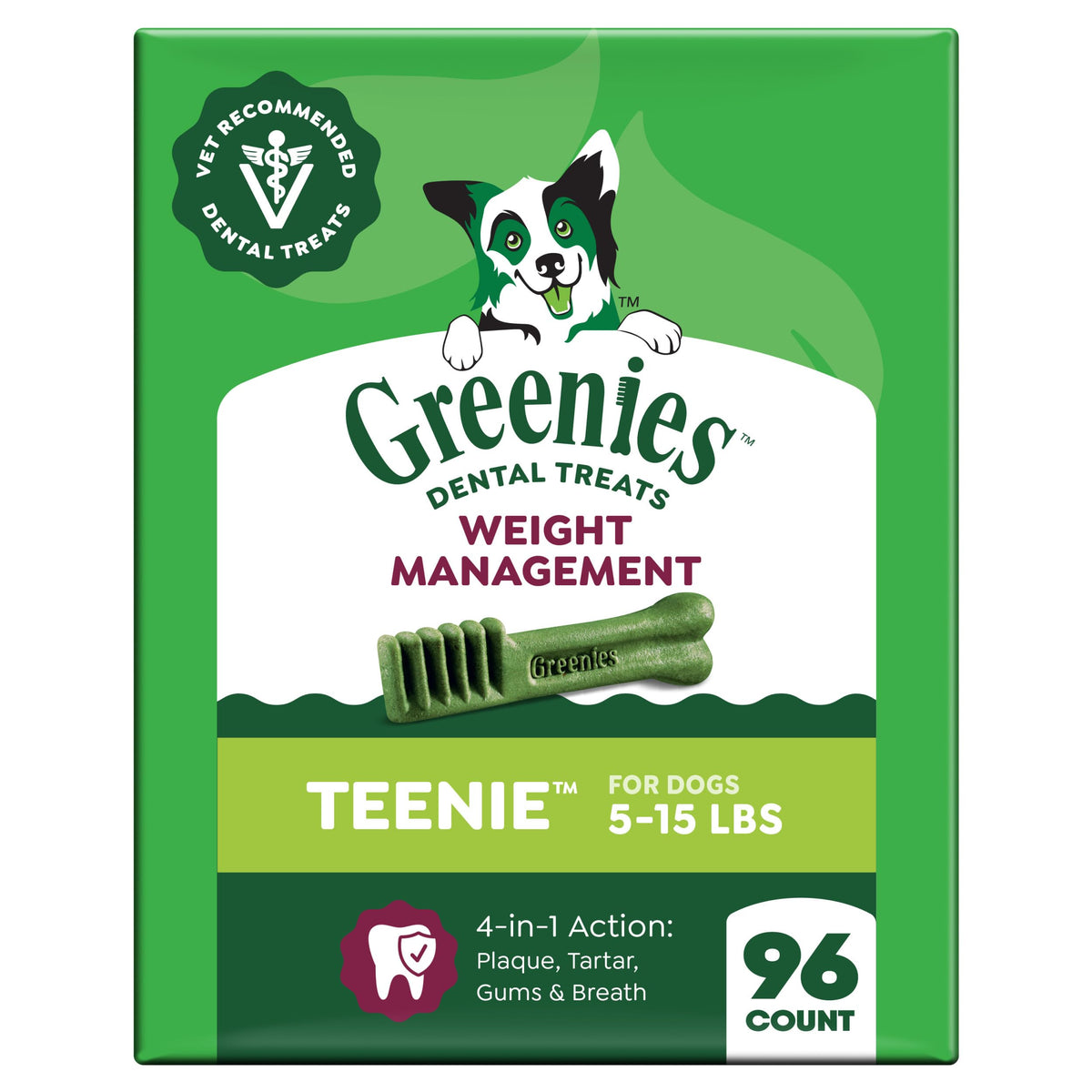 Greenies teenie size dental treats in bag close-up for small dogs' dental care