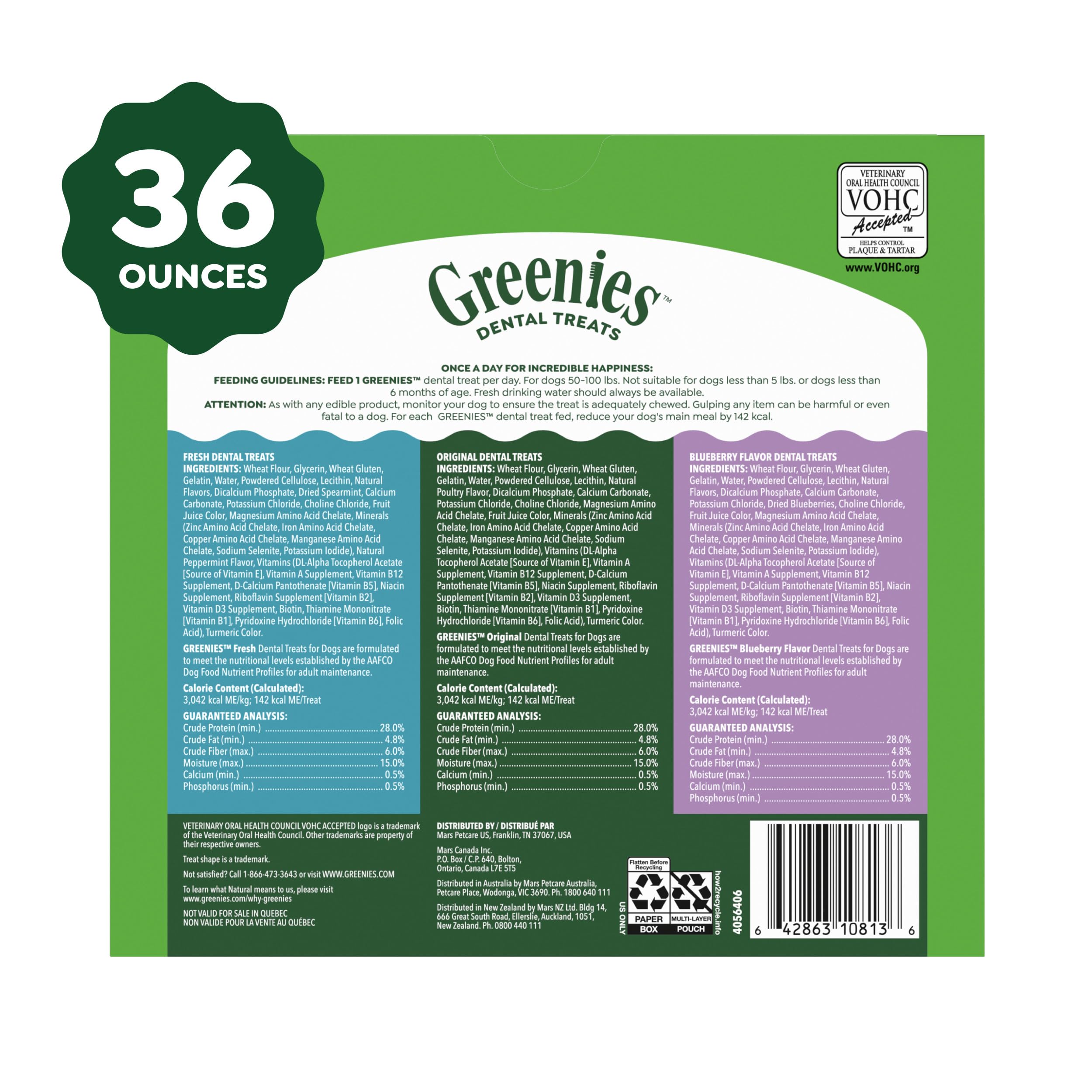 Greenies variety-pack label highlighting three flavors and 24 count.