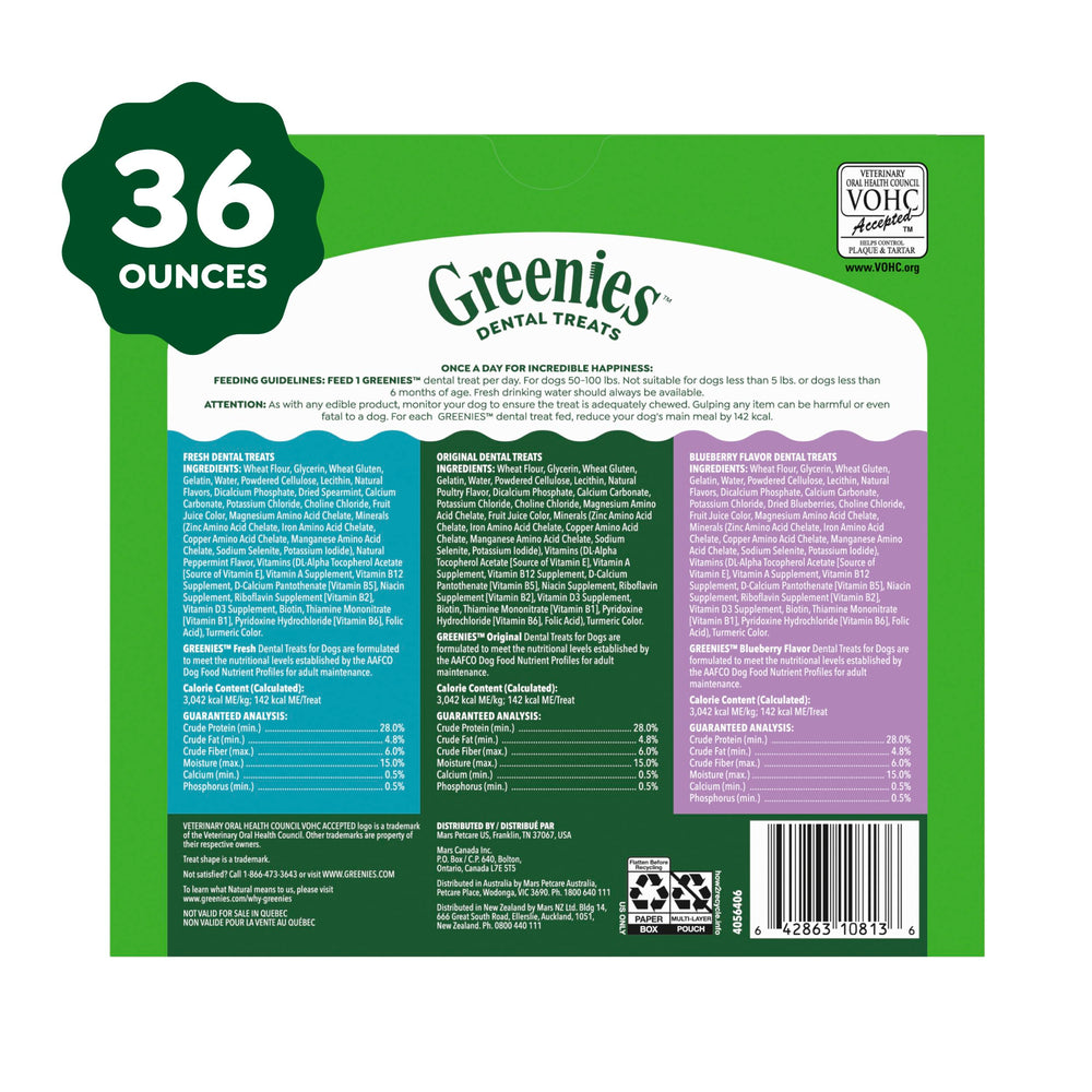 Greenies variety-pack label highlighting three flavors and 24 count.