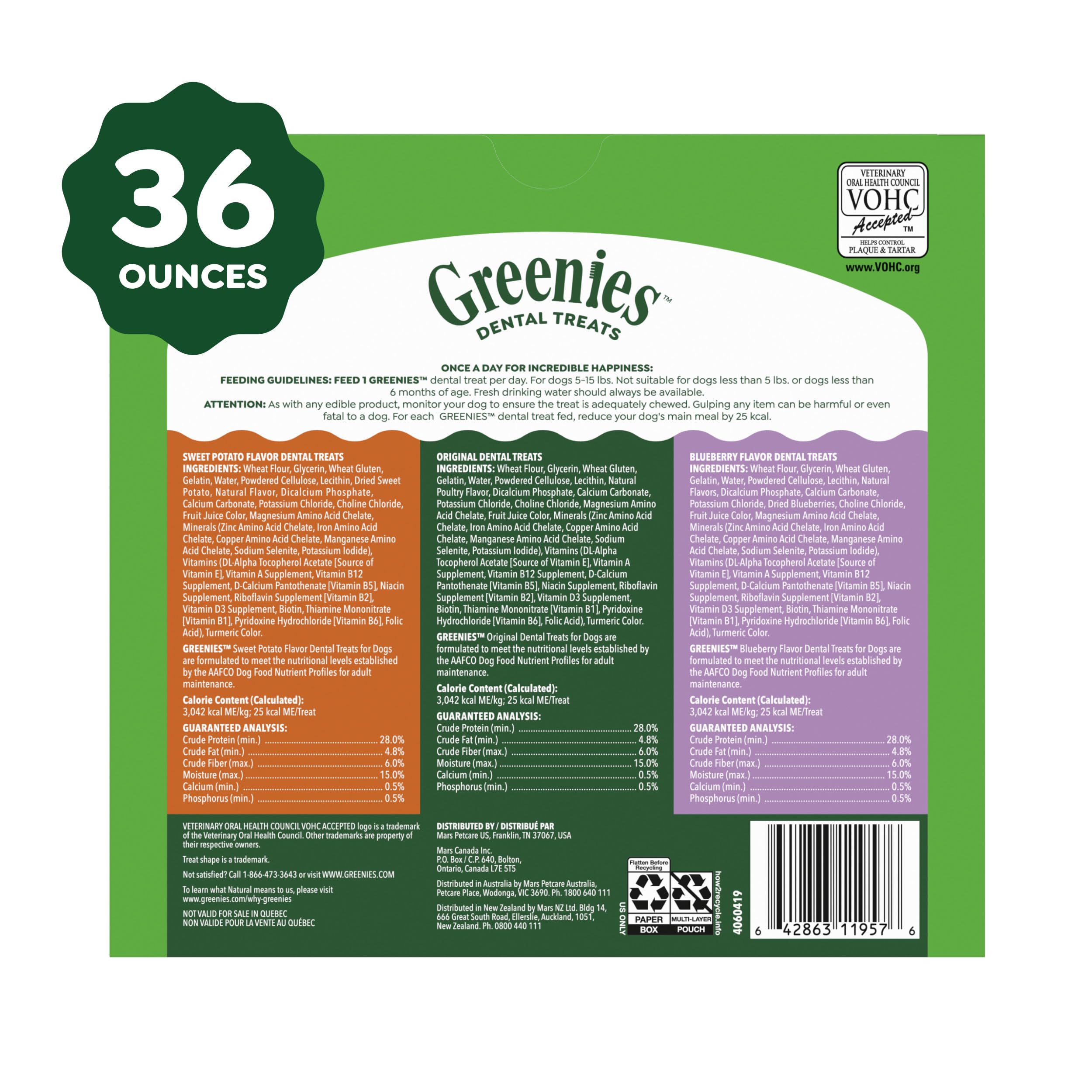 Greenies variety pack label highlights 3 x 12 oz