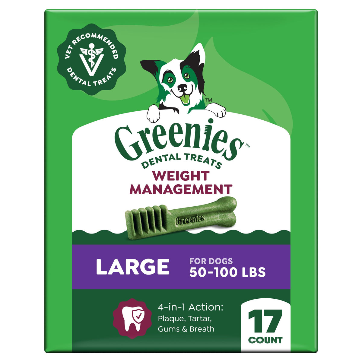 Greenies veterinarian-recommended dental chew for large dogs cleans teeth.