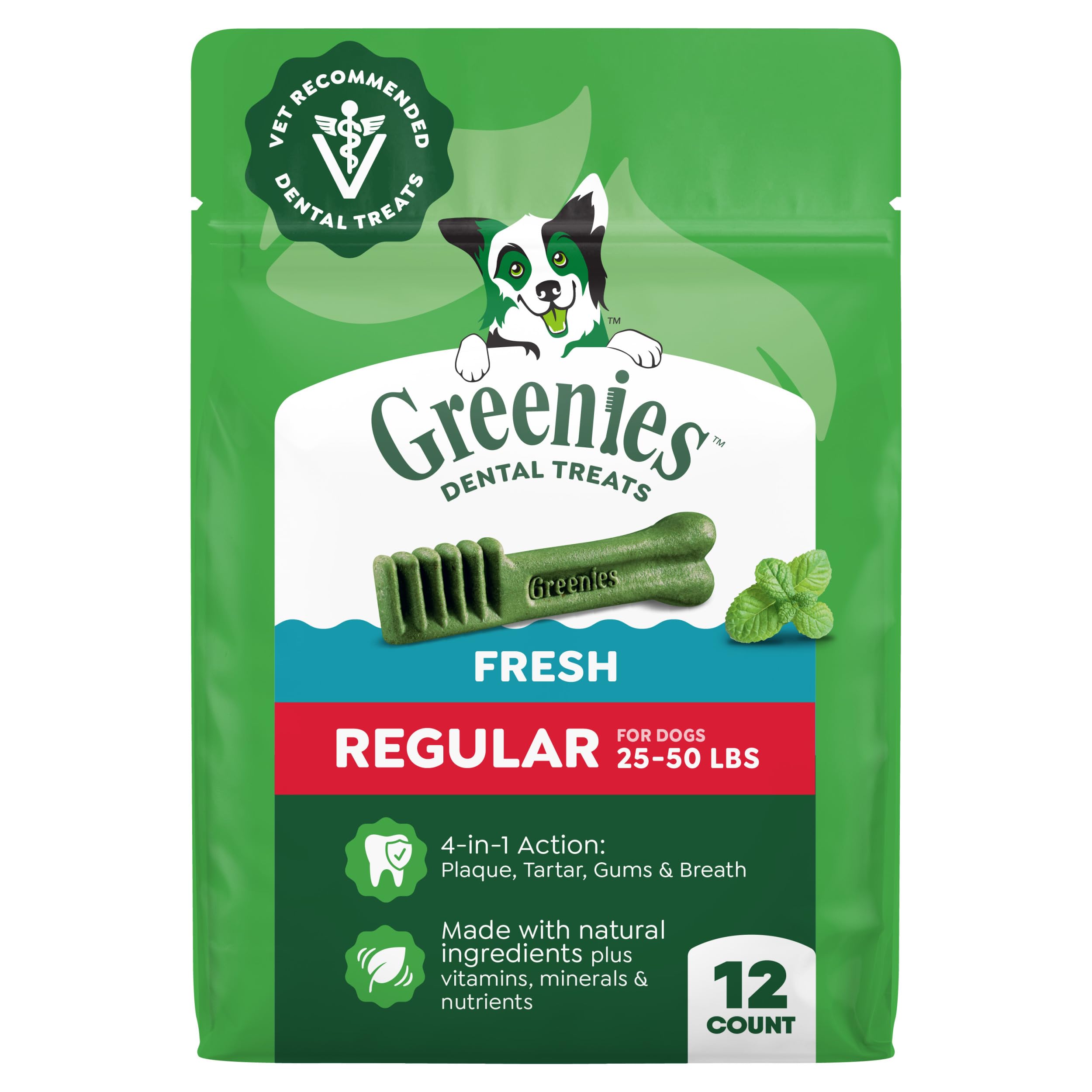 Greenies vet-recommended dental chews in regular-size pack front support plaque and tartar control.