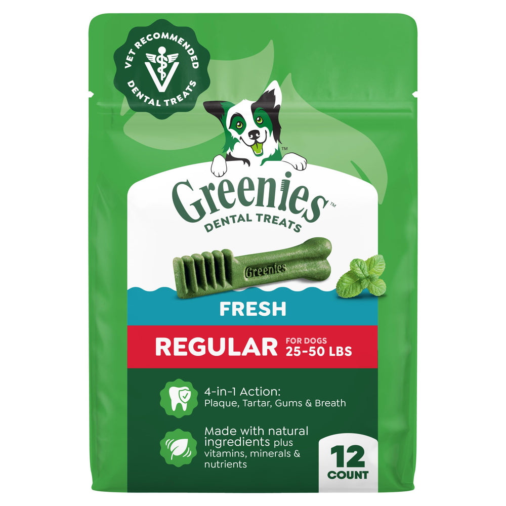 Greenies vet-recommended dental chews in regular-size pack front support plaque and tartar control.