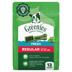 Greenies vet-recommended dental chews in regular-size pack front support plaque and tartar control.