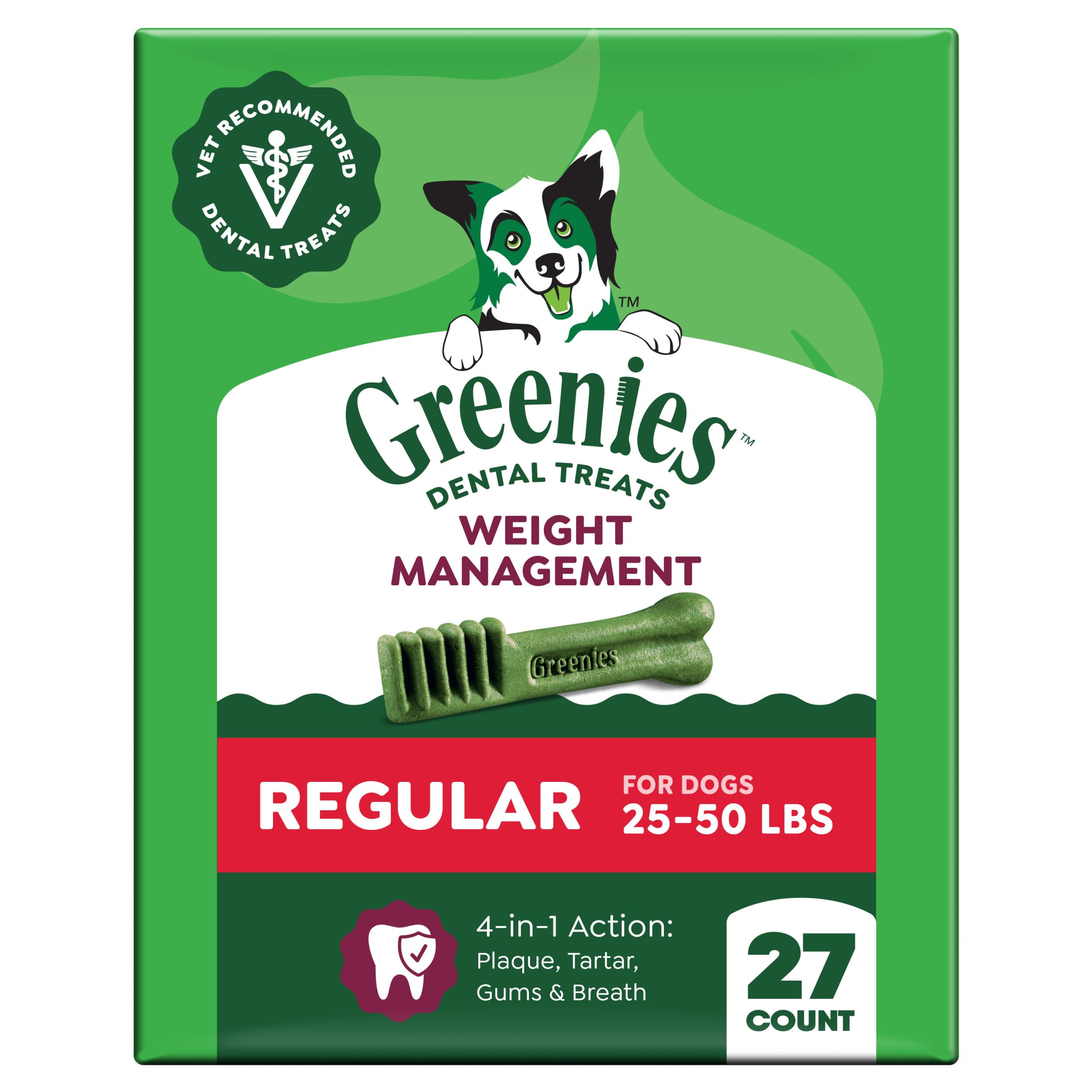 Greenies vet-recommended dental treats pack-shot; supports daily dental care for 25–50 lb dogs.